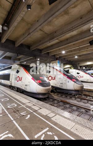 Paris, Frankreich - 6. Juni 2022: TGV Duplex Hochgeschwindigkeitszüge der SNCF am Bahnhof Gare Montparnasse im Hochformat in Paris, Frankreich. Stockfoto