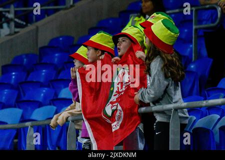 Cardiff, Wales. 6. September 2022. Junge walisische Fans tragen Eimer Hüte und winken eine walisische Flagge während des FIFA Women's World Cup Qualifier Group I-Spiels zwischen Wales und Slowenien am 6. September 2022 im Cardiff City Stadium in Cardiff, Wales, Großbritannien. Quelle: Duncan Thomas/Majestic Media. Stockfoto