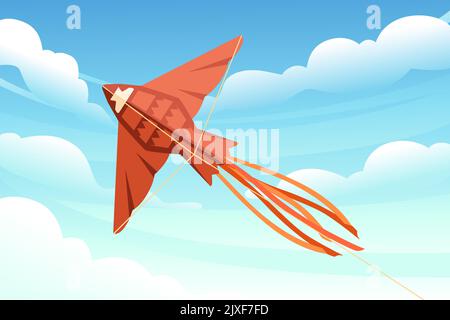 Drachen steigt in den Himmel fliegen farbige Spielzeug Vektor-Illustration mit bewölktem Morgenhimmel auf dem Hintergrund Stock Vektor