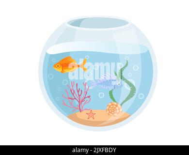 Fishbowl Aquarium mit Wasser goldenen Fischen, Sand, Korallen und Muscheln Vektorgrafik isoliert auf weißem Hintergrund Stock Vektor