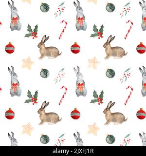 Aquarell nahtlose Muster mit niedlichen Kaninchen mit Weihnachtsbonbon, Geschenk, Weihnachtsdekorationen, Mistel, isoliert. Kann als Druck für die Sache verwendet werden Stockfoto