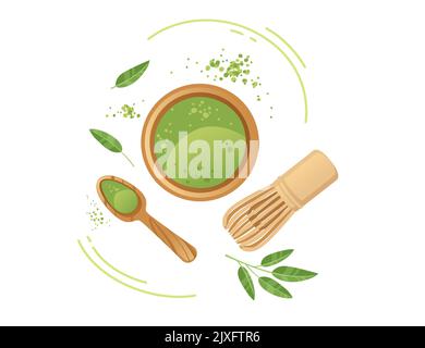 Matcha Tee in Tasse mit Löffel Vektor-Illustration auf weißem Hintergrund Stock Vektor