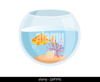 Fishbowl Aquarium mit Wasser goldenen Fischen, Sand, Korallen und Muscheln Vektorgrafik isoliert auf weißem Hintergrund Stock Vektor