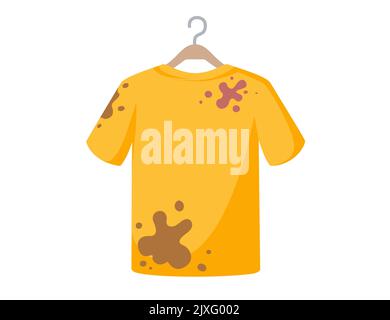 Schmutzige Fleck gelbe T-Shirts hängen auf einem Kleiderbügel bereit zum Waschen Vektor-Illustration isoliert auf weißem Hintergrund Stock Vektor