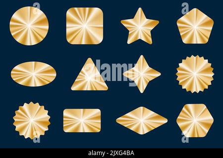 Set mit goldenen Aufklebern. Metallabzeichen für Siegerpreis und Diplom. Etikett für Garantieschein und Qualitätssymbol. Vektor glänzende Illustration Stock Vektor