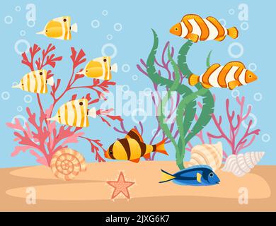 Großes Aquarium mit verschiedenen tropischen Fischen Sandkorallen und Muscheln Vektorgrafik auf weißem Hintergrund Stock Vektor