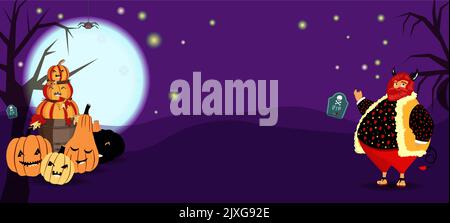 Halloween horizontales Poster mit Vampiren, Kürbissen und Teufel. Leuchtendes Halloween-Design. Stock Vektor