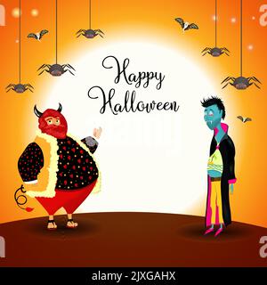 Halloween horizontales Poster mit Vampiren, Kürbissen und Teufel. Leuchtendes Halloween-Design. Stock Vektor