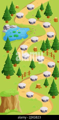 Spiel Karte Wald gui Hintergrund, Vorlage im Cartoon-Stil, lässig isometrische Ansicht. Dekoriert mit Steinen, Bäumen, Teich. . Vektorgrafik Stock Vektor