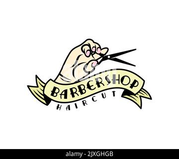 Friseur- oder Friseurladen, Handgriffe Scheren, Logo-Design. Friseursalon, Friseur, Frisur und Mode, Vektordesign und Illustration Stock Vektor