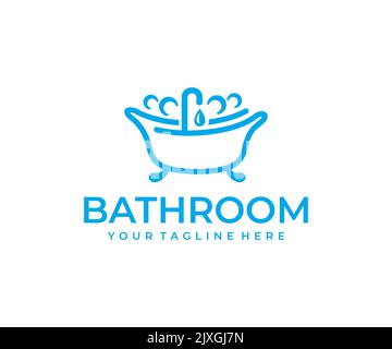 Badezimmer, Badewanne, Badewanne, Wassermischer und Tropfen, Logo-Design. Sanitär, Baden, Sauberkeit und Hygiene, Vektor-Design und Illustration Stock Vektor