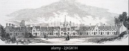 Abbildung der façade der St. Pancras-Almshäuser, Grafton Place, London. Datiert aus dem 19.. Jahrhundert Stockfoto