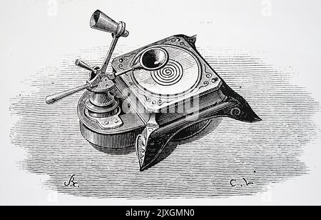 Illustration von Edisons Aufnahmegeräte. Das Gerät wurde für Aufnahmen auf einer Wachsscheibe verwendet, die den Uhrwerk-Mechanismus im Stativ unter der Scheibe zeigte. Datiert aus dem 19.. Jahrhundert Stockfoto