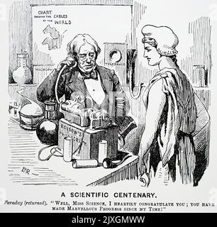 Karikatur zum 100. Geburtstag von Michael Faraday (1791-1867) und seinen Beiträgen zur Entwicklung der Elektrizität. Datiert aus dem 19.. Jahrhundert Stockfoto