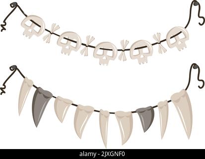 Set aus Perlen aus Schädeln, Kreuzknochen und Reißzähne, die am Seil hängen. Halloween Party Dekoration oder Halskette. Vektorgrafik flach Stock Vektor