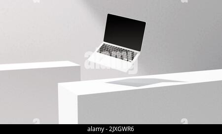 Laptop-Computer-Modell mit leerem schwarzen Bildschirm, Aluminiumgehäuse. Minimalist 3D Modell eines generischen pcs. Technologie, Kommunikation, Internet, digital. Crea Stockfoto