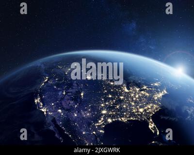 Amerika in der Nacht aus dem Weltraum betrachtet, mit Stadtlichtern, die Aktivitäten in den Vereinigten Staaten zeigen. 3D Rendern des Planeten Erde. Elemente der NASA. Technologie, Glob Stockfoto