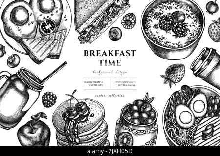 Frühstück handgezeichnete Illustration Design. Hintergrund mit Sketch Sandwich, Pfannkuchen, Schüssel mit Avocado, Haferbrei mit Beeren, Chia Pudding, Gebraten Stock Vektor