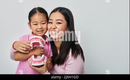 Koreanische Mutter lehrt kleines Mädchen, wie richtig für ihre Zähne mit pädagogischen Kiefer Modell zu pflegen. Pflege und Hygiene für Kinderzähne Stockfoto