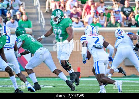 DENTON, TX - September 3.: .North Texas Mean Green Offensive Lineman Manase Mose (72) North Texas Mean Green Football vs SMU Mustangs at Apogee Stadium in Denton am 3.. September 2022 in Denton, Texas. (Foto von Manny Flores) Stockfoto