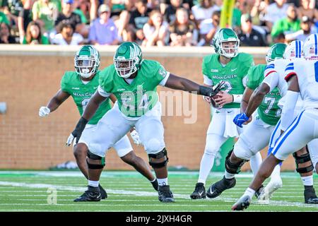 DENTON, TX – September 3.: .                                              . North Texas meint Green Football gegen SMU Mustangs im Apogee Stadium in Denton am 3.. September 2022 in Denton, Texas. (Foto von Manny Flores) Stockfoto