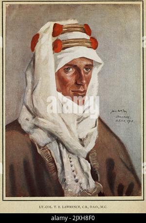 Oberst Thomas Edward Lawrence CB DSO (16. August 1888 – 19. Mai 1935) war ein britischer Archäologe, Armeeoffizier, Diplomat und Schriftsteller, der während des Ersten Weltkriegs für seine Rolle im Arabischen Aufstand (1916–1918) und der Sinai- und Palästina-Kampagne (1915–1918) gegen das Osmanische Reich bekannt wurde. Die Breite und Vielfalt seiner Aktivitäten und Assoziationen und seine Fähigkeit, sie anschaulich schriftlich zu beschreiben, brachten ihm internationalen Ruhm als Lawrence von Arabien ein, ein Titel, der für den Film von 1962 verwendet wurde, der auf seinen Kriegsaktivitäten basiert. Aus dem Buch „NILE TO ALEPPO“ VON HECTOR DINING CAPTAIN. AUSTRALI Stockfoto