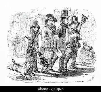 Karikatur mit Opportunisten, die vorgeben, Gärtner zu sein, um Wohltätigkeitsorganisationen in wohlhabenderen Klassen zu erregen. Datiert aus dem 19.. Jahrhundert Stockfoto