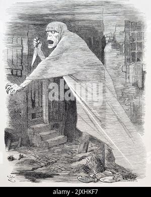 Karikatur, die „Verbrechen“ als einen Geist darstellt, der sein nächstes Opfer verfolgt, um mit seinem Messer zu stechen. Datiert aus dem 19.. Jahrhundert Stockfoto