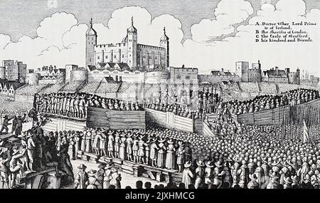 Abbildung der Hinrichtung von Thomas Wentworth, 1. earl of Strafford (1593-1641), dem führenden Berater von Englands König Charles, am Tower of London. Datiert aus dem 17.. Jahrhundert Stockfoto