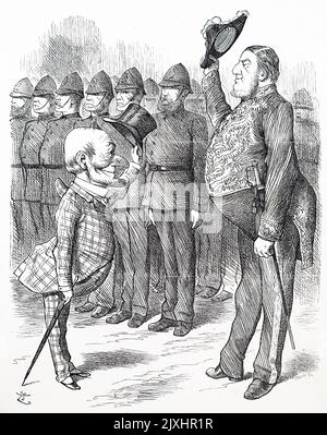 Karikatur von Sir William Harcourt (1827-1904), einem britischen Anwalt, Journalisten und Staatsmann der Liberalen, der einen Gruß von Herrn Punch annimmt. Datiert aus dem 19.. Jahrhundert Stockfoto