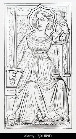 Französische Spielkarte aus dem 15.. Jahrhundert, die „Gerechtigkeit“ mit ihren Schuppen und ihrem Schwert darstellt. Datiert aus dem 15.. Jahrhundert Stockfoto