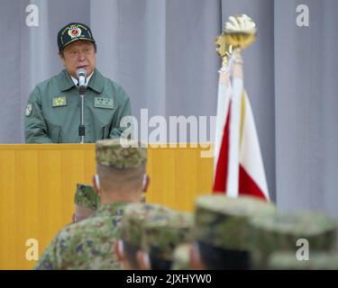 Tokio, Japan. 07. September 2022. Der japanische Verteidigungsminister Yasukazu Hamada hält am Mittwoch, den 7. September 2022, eine Rede vor dem Hauptquartier des Bound Component Command im Lager Asaka in Tokio, Japan. Foto von Keizo Mori/UPI Credit: UPI/Alamy Live News Stockfoto