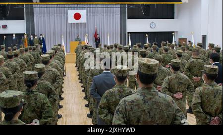 Tokio, Japan. 07. September 2022. Der japanische Verteidigungsminister Yasukazu Hamada hält am Mittwoch, den 7. September 2022, eine Rede vor dem Hauptquartier des Bound Component Command im Lager Asaka in Tokio, Japan. Foto von Keizo Mori/UPI Credit: UPI/Alamy Live News Stockfoto