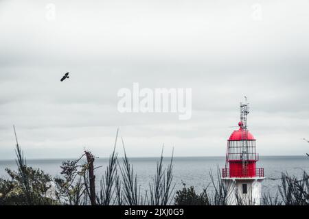 Der Blick auf den bewölkten Himmel und den Sheringham Point Lighthouse. Shirley, Kanada. Stockfoto