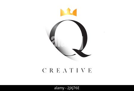 Q Buchstabe Logo Design mit goldenem Luxus Royal Crown Symbol und Schatten Brief Vektor. Serif Font q Logo Elegantes minimalistisches Design. Stock Vektor