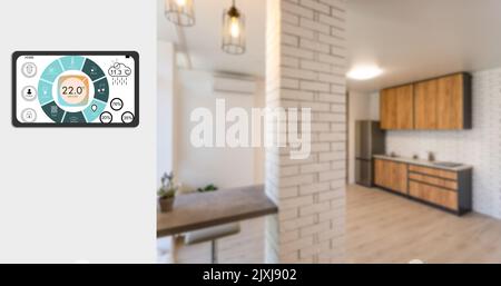 Internet der Dinge , iot , Smart Home und Netzwerk verbinden Konzept. Weißes Telefon mit menschlicher Hand und Smart-Home-Anwendung mit 3D Rendering-Raum Stockfoto