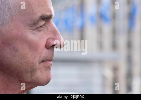 Brüssel, Belgien. 07. September 2022. Michael O'Leary, CEO von Ryanair, hält am 7. September 2022 eine Pressekonferenz in Brüssel, Belgien, ab. Kredit: ALEXANDROS MICHAILIDIS/Alamy Live Nachrichten Stockfoto