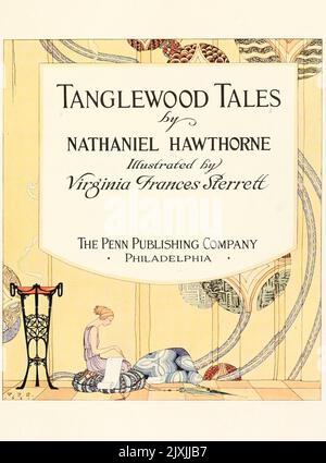 Titelseite aus dem Buch ' Tanglewood Tales ' von Nathaniel Hawthorne, 1804-1864; illustriert von Virginia Frances Sterrett, Erscheinungsdatum 1921 Verleger Philadelphia Penn Pub. Co. Tanglewood Tales for Boys and Girls (1853) ist ein Buch des amerikanischen Autors Nathaniel Hawthorne, einer Fortsetzung von A Wonder-Book for Girls and Boys. Es ist eine Neufassung bekannter griechischer Mythen in einem Band für Kinder. Stockfoto