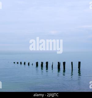 Holzpfosten, die vor pastellblauem Meer und Himmel silhouettiert sind, minimalistisch, quadratisches Format, in Minnis Bay, Kent, England Stockfoto