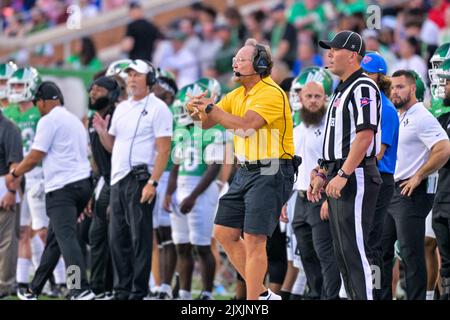 DENTON, TX - 3.. September: .Phil Bennett DC in einem Spiel zwischen North Texas Mean Green gegen SMU Mustangs im Apogee Stadium in Denton am 3.. September 2022 in Denton, Texas. CSM/Manny Flores Stockfoto