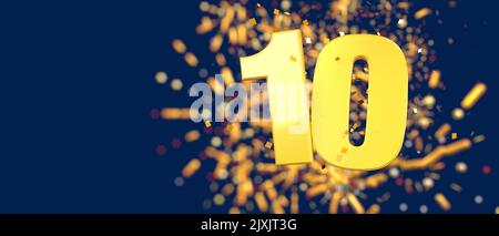 Gold Nummer 10 im Vordergrund mit herunterfallenden goldenen Konfetti und Feuerwerk hinten unscharf vor dunkelblauem Hintergrund. 3D Abbildung Stockfoto