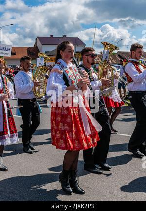 Eine vertikale Aufnahme von Musikern beim internationalen Folklore-Festival Stockfoto