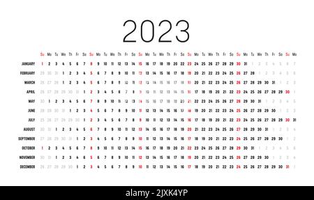 Wandkalender für Jahr 2023 mit angeglichene Daten. Eine Seite Vektorvorlage, lineares und horizontales Design.