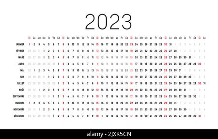 Jahr 2023 Wandkalender mit aufeinander abgestimmten Daten, in französischer Sprache. Eine Seite Vektorvorlage, lineares und horizontales Design.