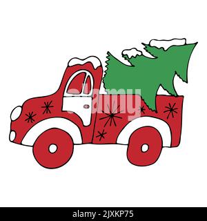 Weihnachts-Pickup-Truck mit einem Weihnachtsbaum. Roter Weihnachtswagen mit einem grünen Weihnachtsbaum von Hand auf weißem Hintergrund gezeichnet. Vektorgrafik. Stock Vektor