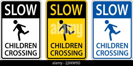 Slow Children Crossing Schild Auf Weißem Hintergrund Stock Vektor