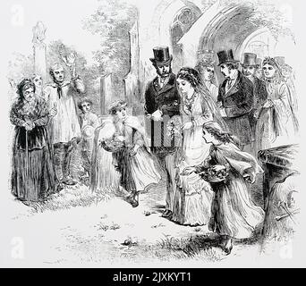 Gravur, auf der eine Braut und ein Bräutigam die Kirche verlassen. Datiert aus dem 19.. Jahrhundert Stockfoto
