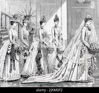 Abbildung der Braut und Brautjungfern und des Blumenmädchens. Datiert aus dem 19.. Jahrhundert Stockfoto