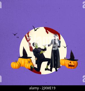 Collage zeitgenössischer Kunst. Halloween-Thema. Mann und Frau in Halloween Kostümen auf purpurem Hintergrund. Ideen, Inspiration, Party, Werbung. Surrealismus Stockfoto