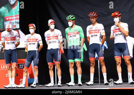 Aracena, Spanien. 07. September 2022. Trek-Segafredo-Fahrer am Start der Etappe 17 der Ausgabe 2022 der 'Vuelta a Espana', Rundfahrt durch Spanien, von Aracena bis Monasterio de Tentudia (162,3km), Spanien, Mittwoch, 07. September 2022. BELGA FOTO DAVID PINTENS Kredit: Belga Nachrichtenagentur/Alamy Live News Stockfoto